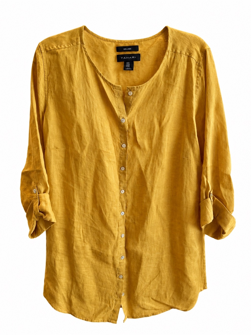 Tahari 100% Linen Mustard Yellow Button Down Tunic Top Size 1X